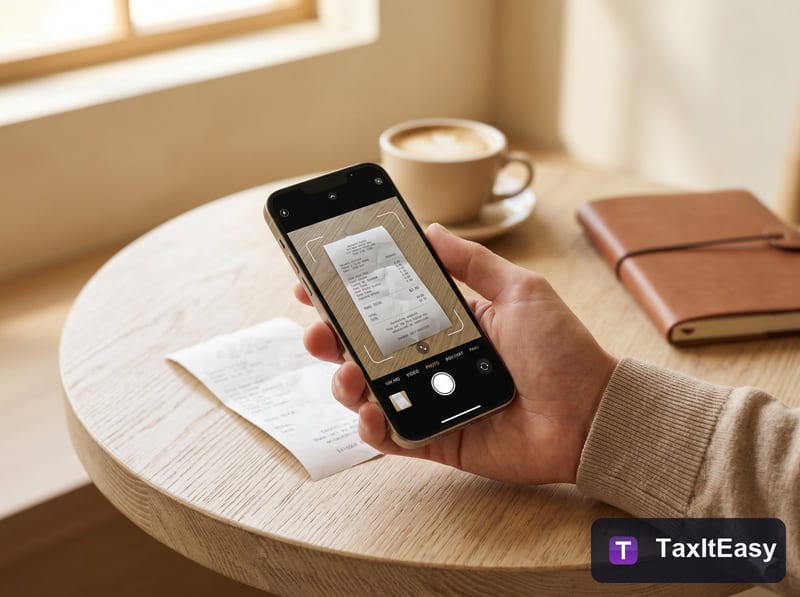 Hand holding a phone over a paper receipt, capturing it with the camera