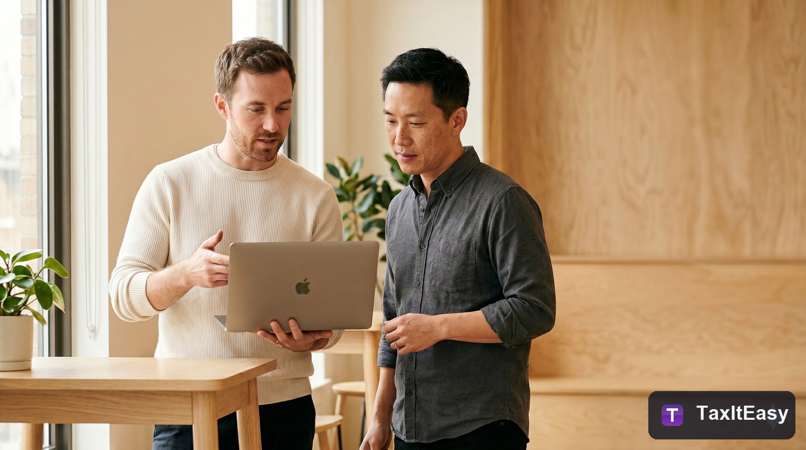 Two team members reviewing receipts together