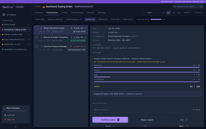 Match explanation panel with per-signal score bars showing why a bank transaction was matched to an invoice