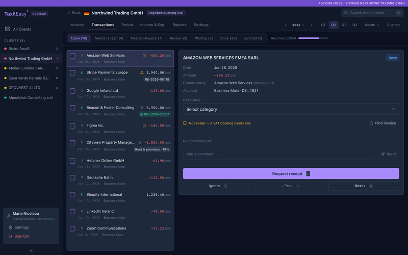 Advisor work queue with transactions sorted into buckets: needs receipt, needs category, review, waiting, done
