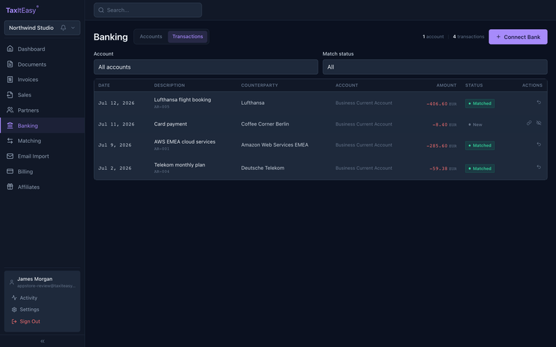 TaxItEasy banking view with account balances and bank transactions matched to invoices