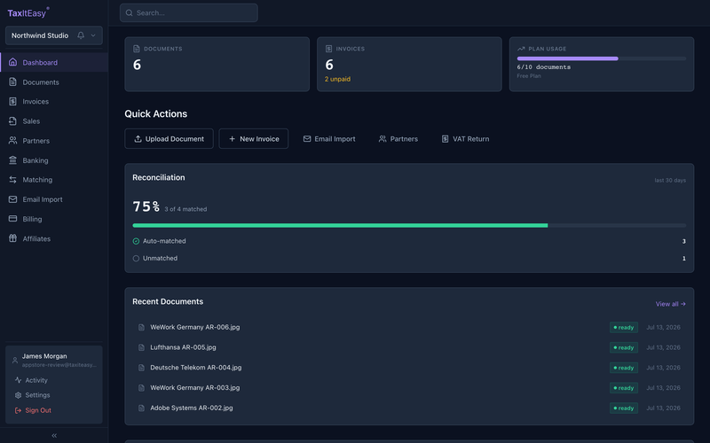 TaxItEasy dashboard after a scan — recent documents, open invoices and bank match rate