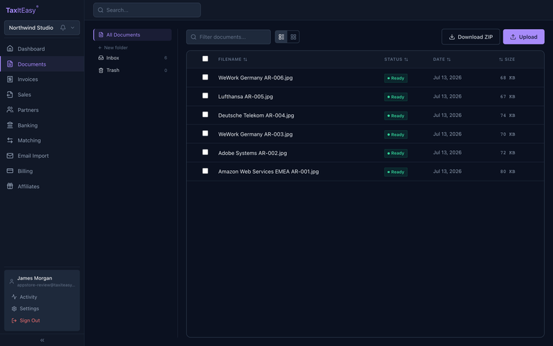 TaxItEasy documents list with scanned invoices auto-filed into year and month folders