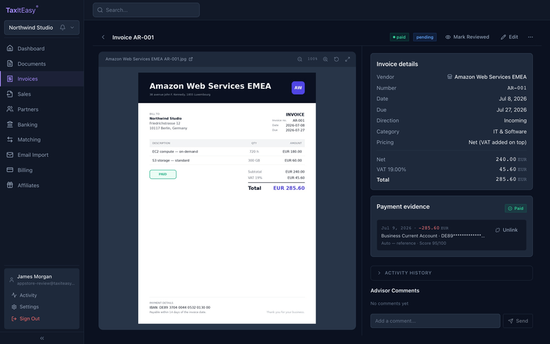 TaxItEasy invoice detail: a scanned supplier invoice with extracted vendor, amounts and VAT, matched to a bank transaction