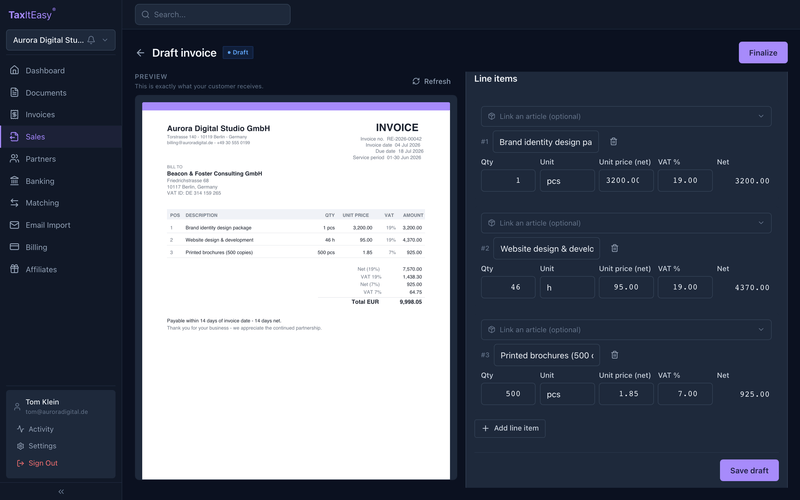 Line-item editing in the TaxItEasy invoice editor, with quantities, unit prices and VAT rates next to the live PDF preview